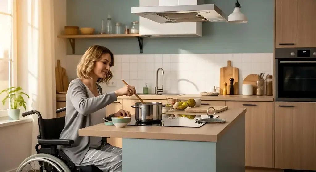 Personne en fauteuil roulant cuisinant dans une cuisine accessible et adaptée pour favoriser l’autonomie à domicile