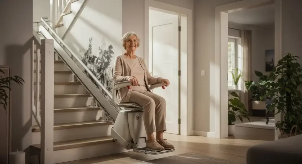 Personne âgée utilisant un monte-escalier pour faciliter l’accès aux étages et rester autonome chez elle